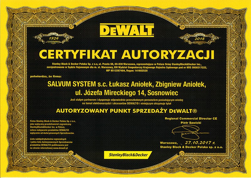 Certyfikat Autoryzacji - Autoryzowany punkt sprzedaży DeWALT